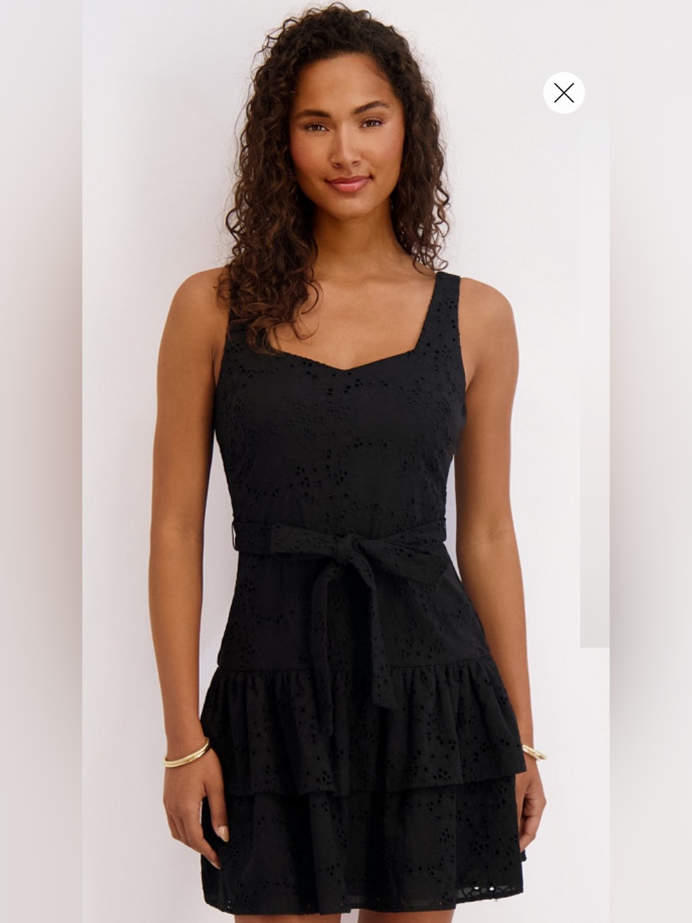 Kensie Black Eyelet Tiered Mini Dress with Waist Tie